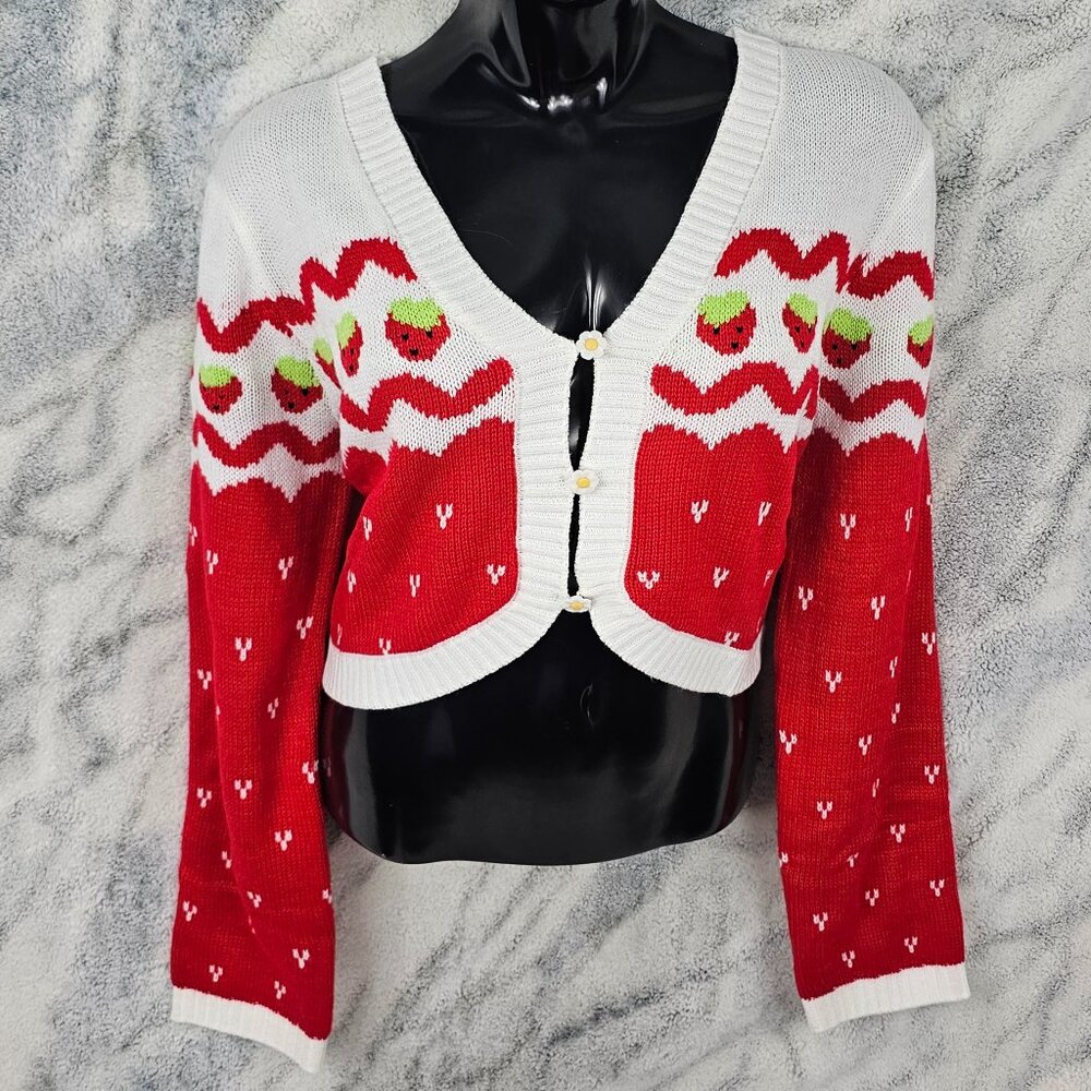 Dolls Kill x Strawberry Shortcake Intarsia Strawberry Cropped Sweater Knit Daisy